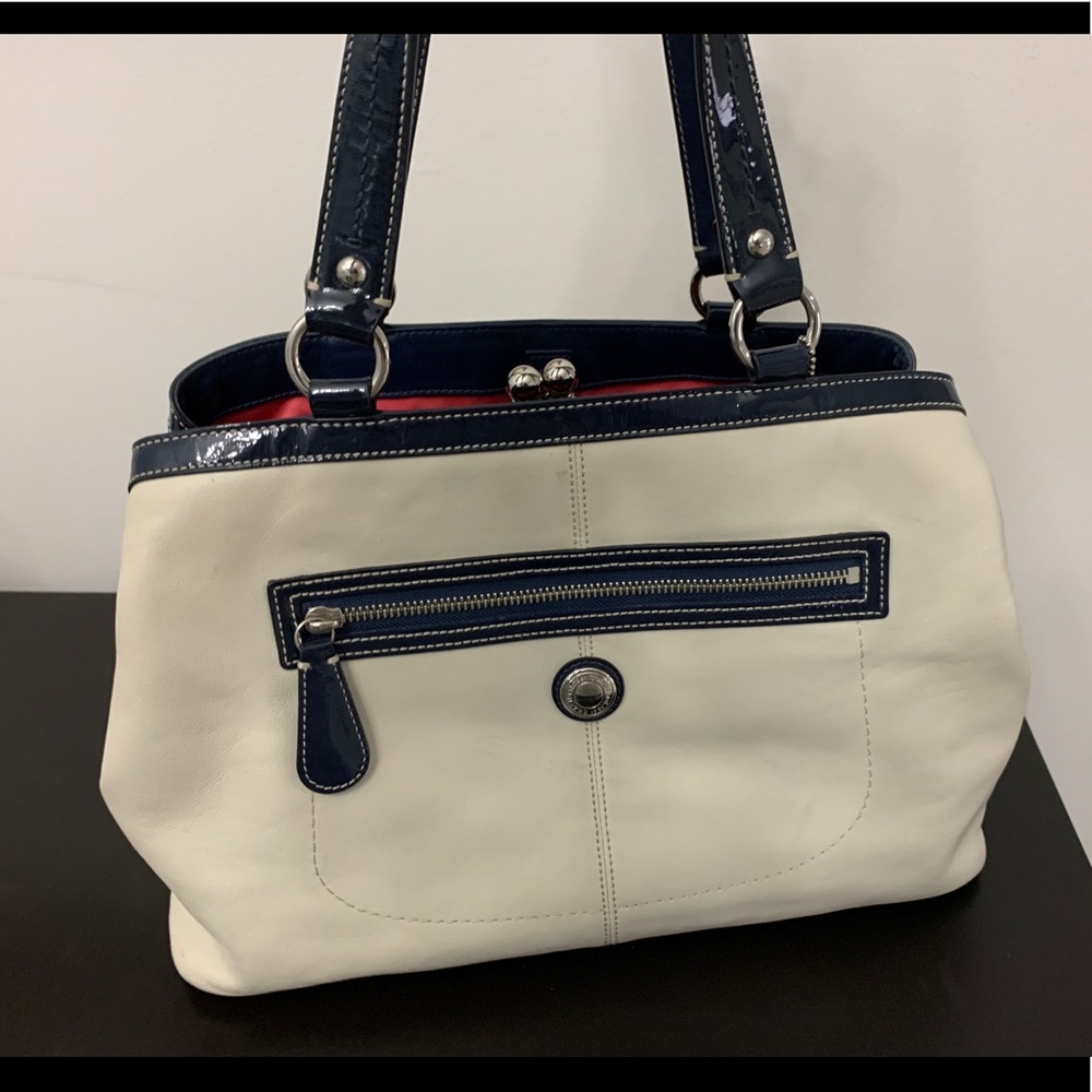 Vintage White Leather Blue Trim Coach Shoulder Bag